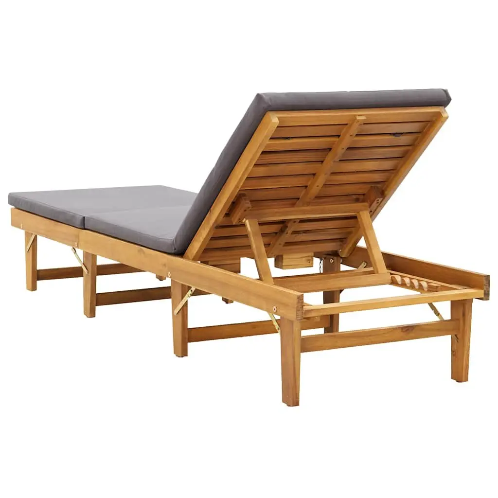 Folding Sun Lounger Solid Acacia Wood Grey Cushion Outdoor Patio