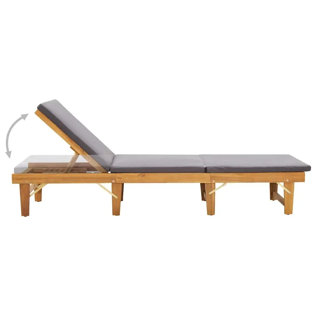 Folding Sun Lounger Solid Acacia Wood Grey Cushion Outdoor Patio