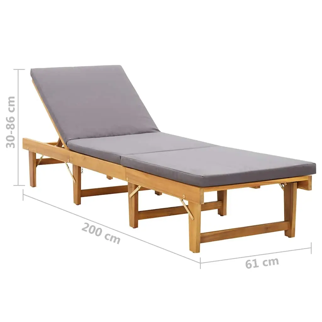 Folding Sun Lounger Solid Acacia Wood Grey Cushion Outdoor Patio