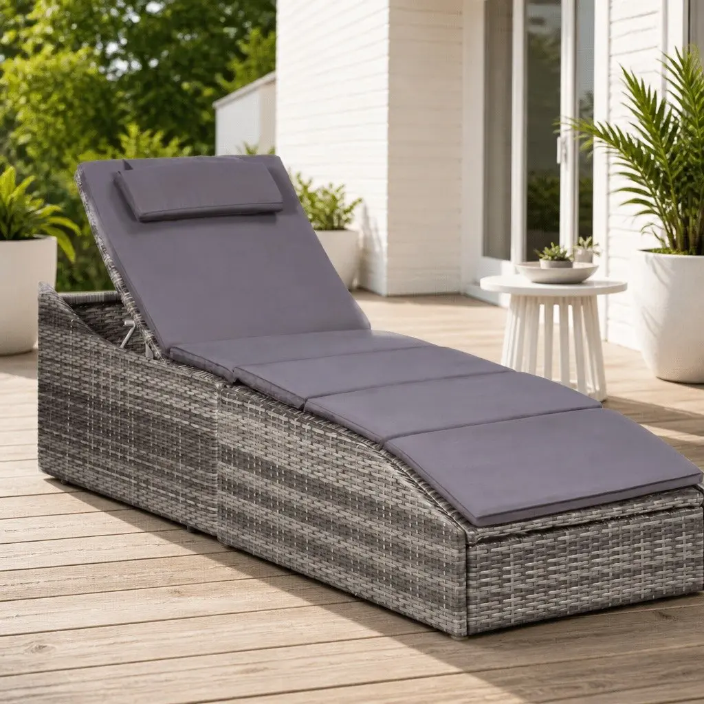 Sun Lounger Poly Rattan Grey Outdoor Patio Chair with Cushion