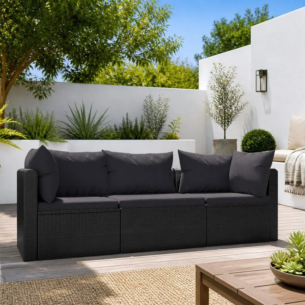 3 Piece Outdoor Sofa Set Black Poly Rattan Weather Resistant Garden Furniture with Cushions