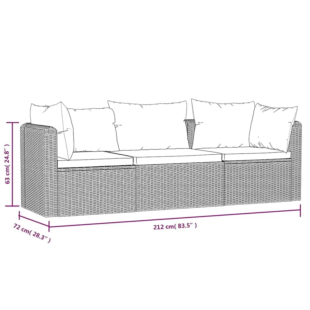 3 Piece Outdoor Sofa Set Black Poly Rattan Weather Resistant Garden Furniture with Cushions