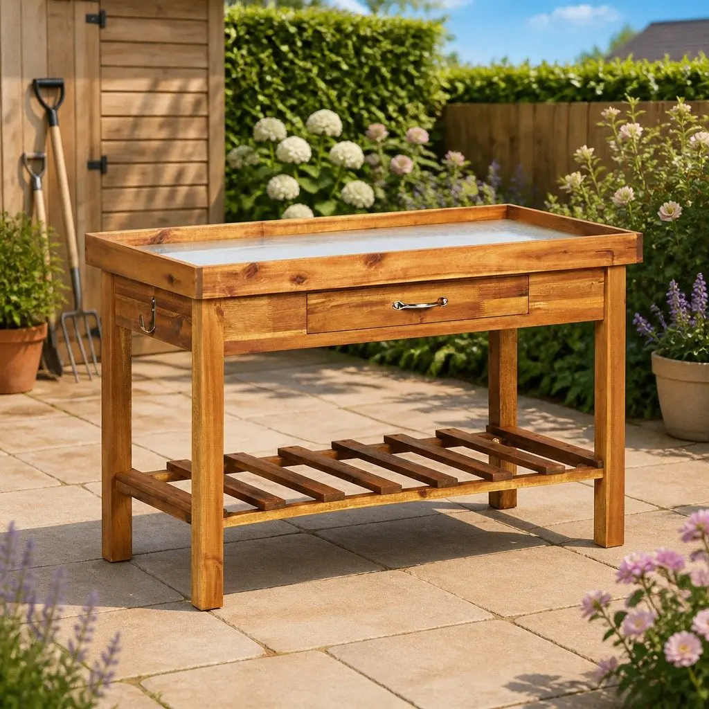Garden Work Bench Potting Table Acacia Wood Zinc Top Brown with Storage Shelf