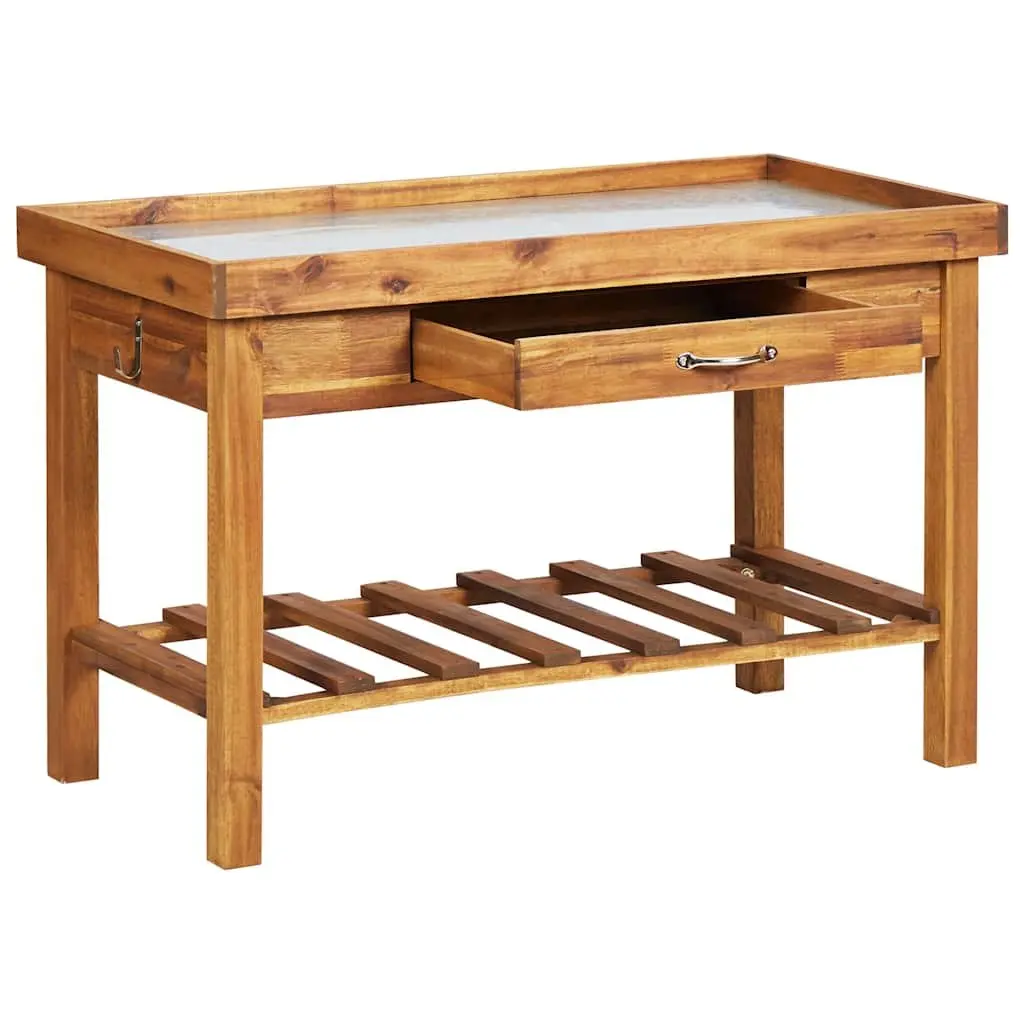 Garden Work Bench Potting Table Acacia Wood Zinc Top Brown with Storage Shelf