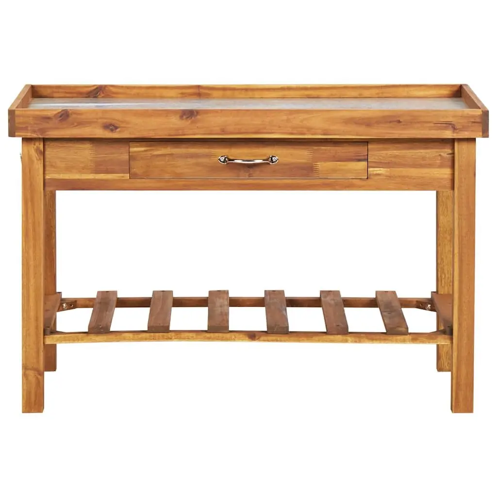 Garden Work Bench Potting Table Acacia Wood Zinc Top Brown with Storage Shelf