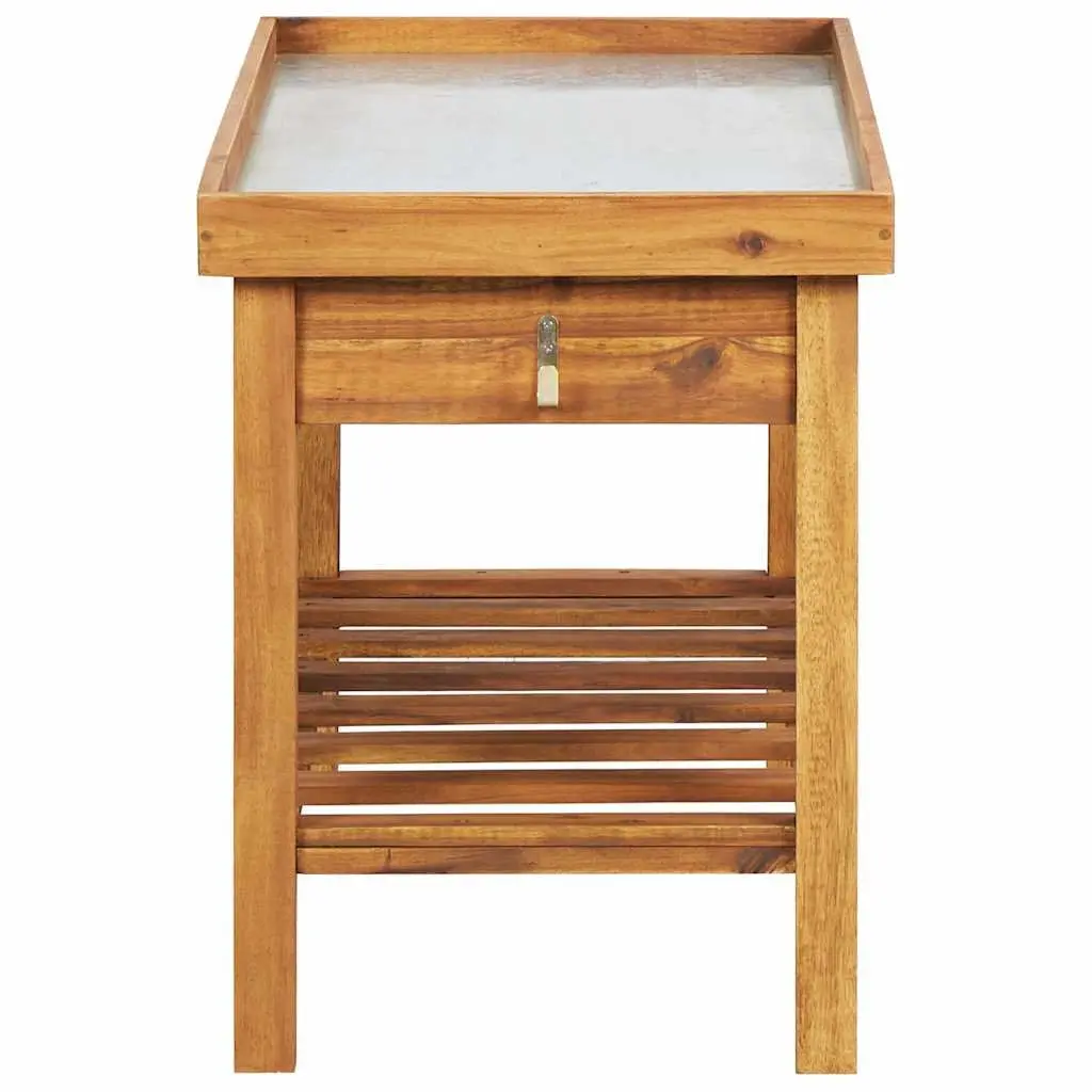 Garden Work Bench Potting Table Acacia Wood Zinc Top Brown with Storage Shelf