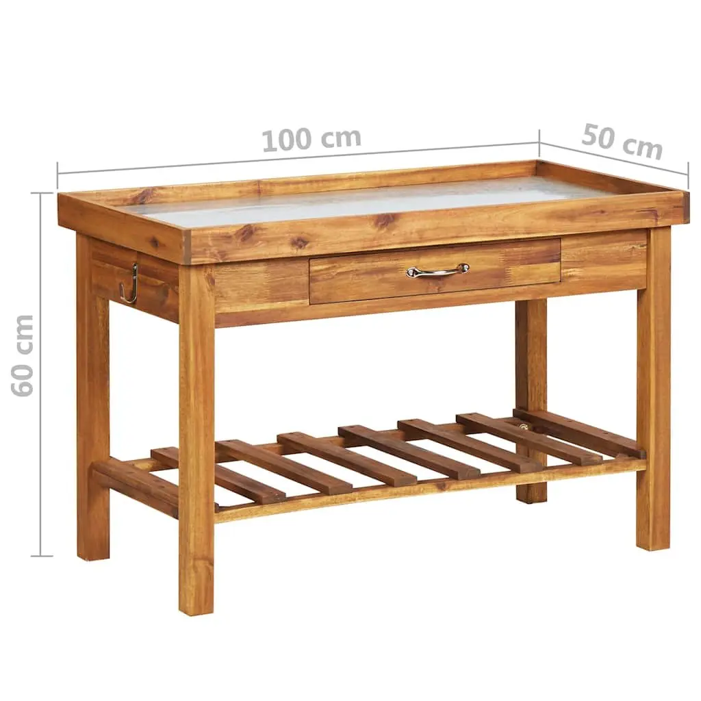 Garden Work Bench Potting Table Acacia Wood Zinc Top Brown with Storage Shelf