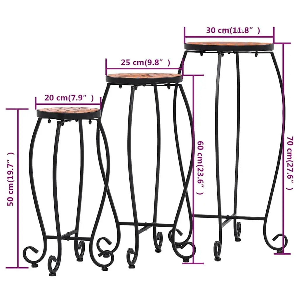 Mosaic Plant Stand Table Set 3pc Ceramic Top Garden Outdoor Patio Decor Brown