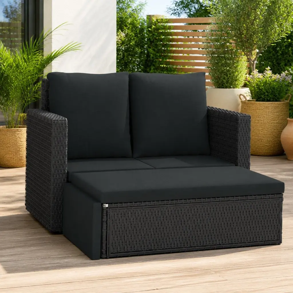 2 Piece Garden Lounge Set PE Rattan Sofa Stool Black