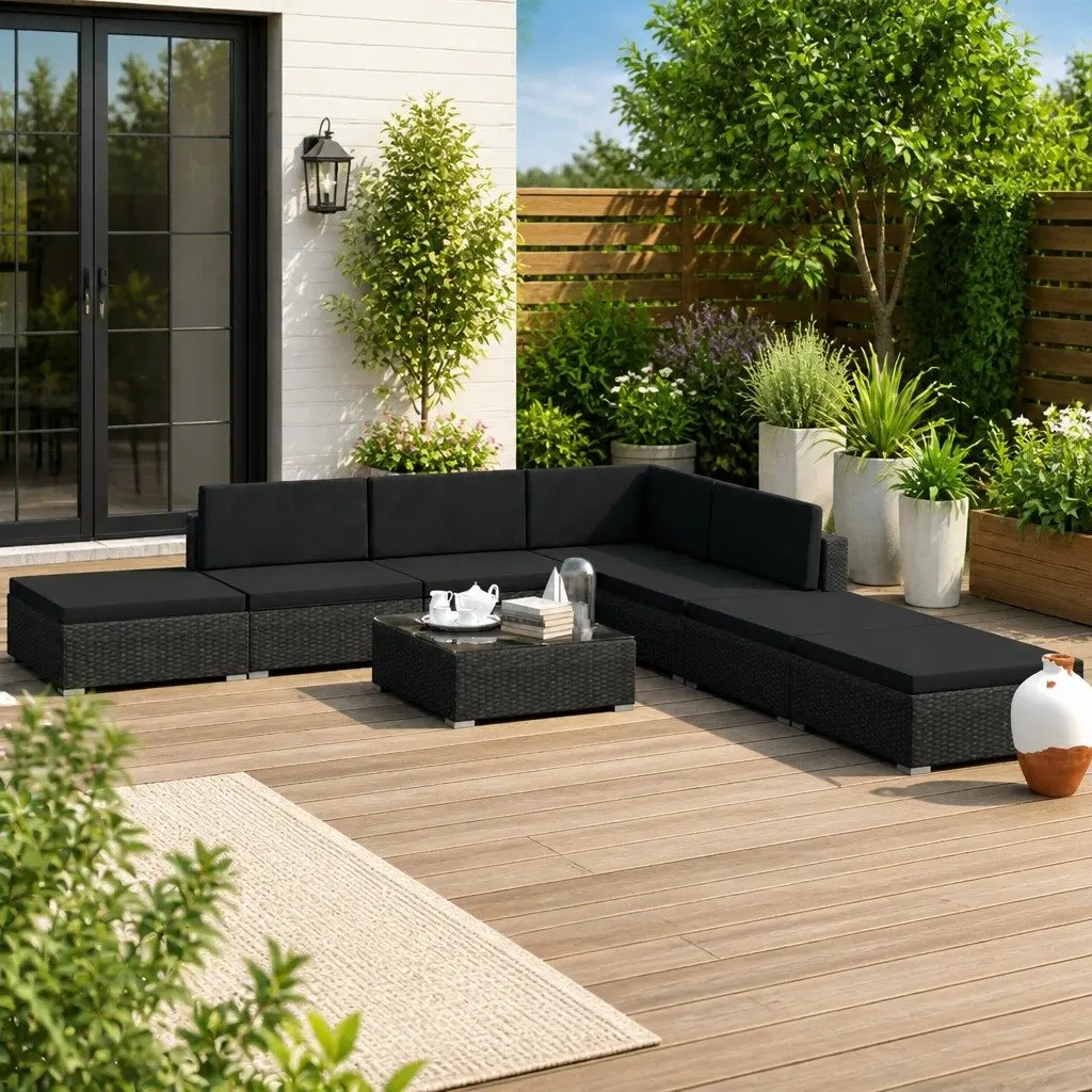 8 Piece Black Patio Sofa Set Modular Poly Rattan Outdoor Furniture with Cushions and Table