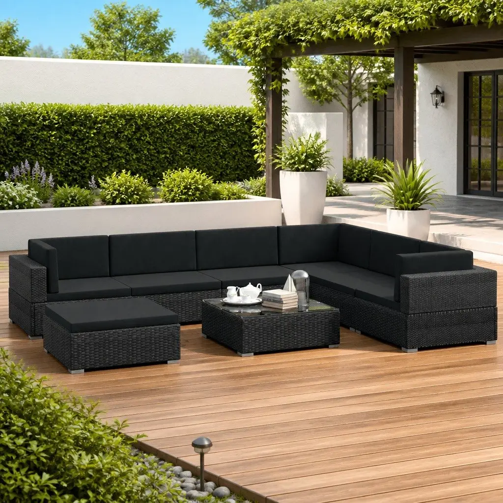 Garden Lounge Set 8 Piece Outdoor Furniture Poly Rattan Sofa with Cushions Black