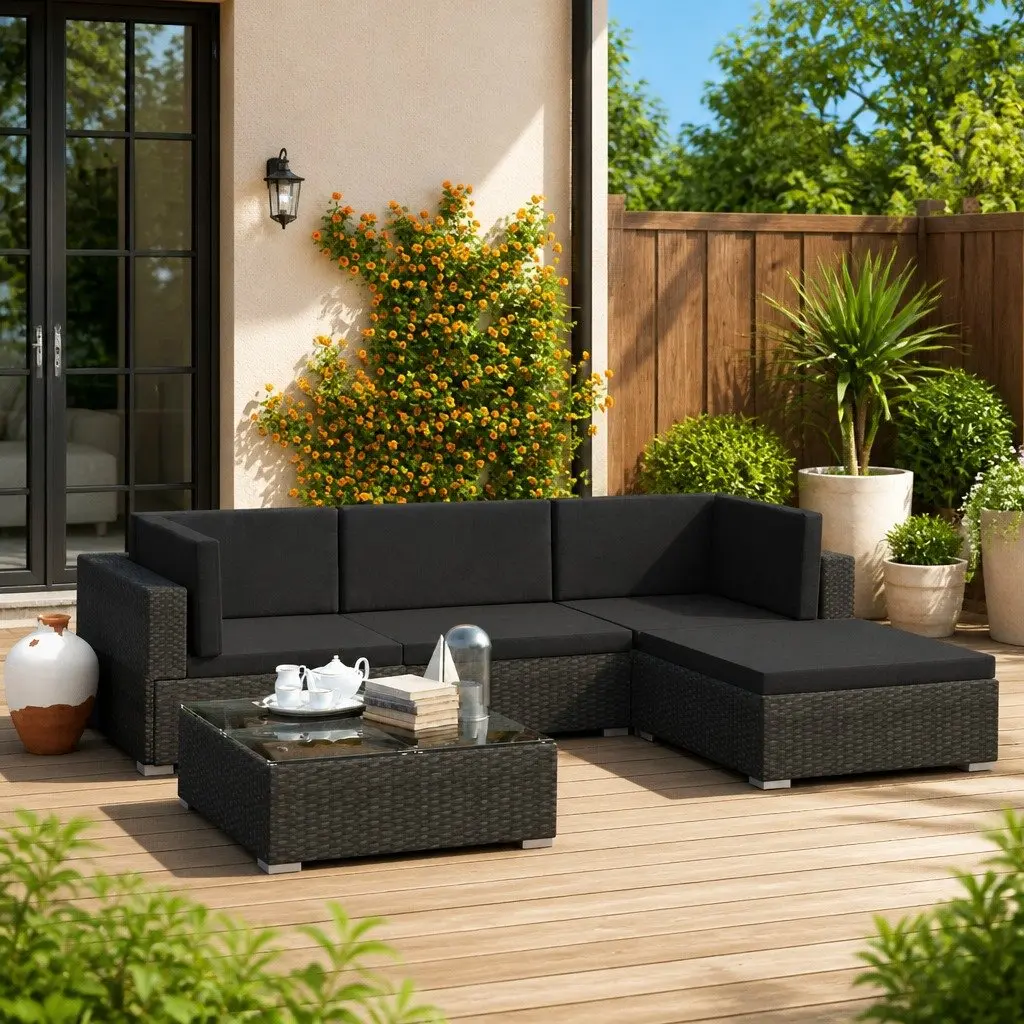 5 Piece Outdoor Patio Sofa Set PE Rattan Black with Cushions