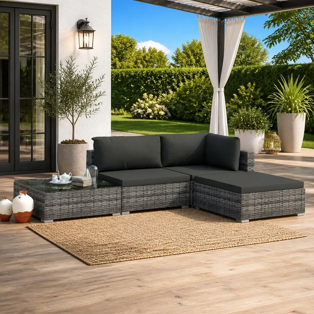4 Piece Garden Lounge Sofa Set PE Rattan Grey with Cushions Outdoor Furniture Patio