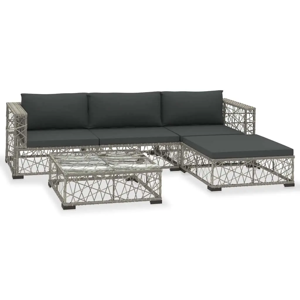 5 Piece Modular Outdoor Garden Lounge Set Grey PE Rattan Sofa with Removable Cushions and Powder Coated Steel Frame for Patio Use