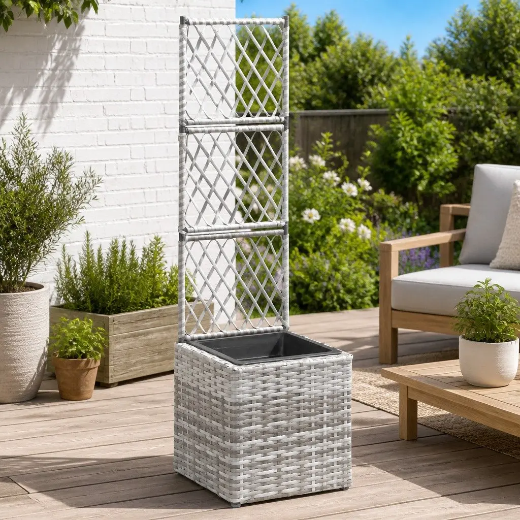 Trellis Raised Garden Bed with Pot Poly Rattan 30x30x107 cm Grey
