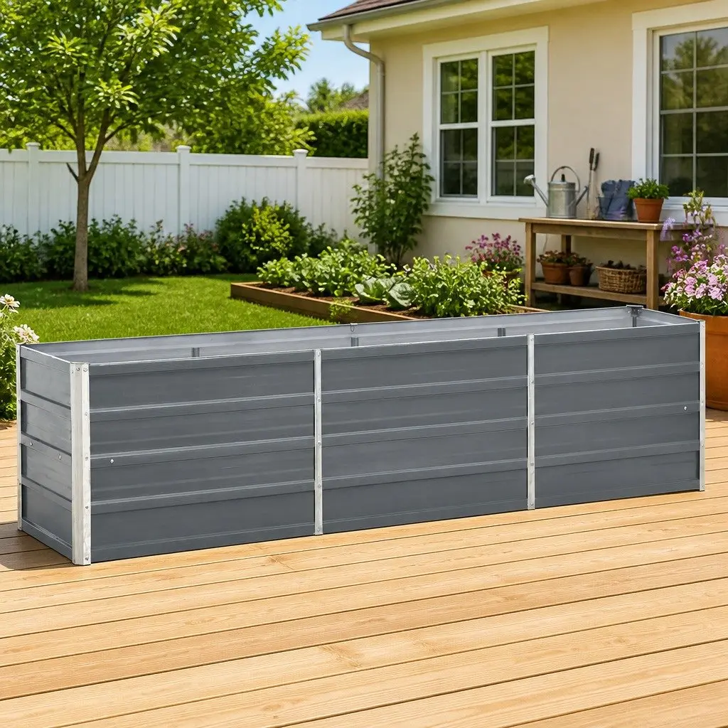 Outdoor Growing Container Raised Garden Bed Heavy Duty Galvanised Steel Grey 240x40x45cm