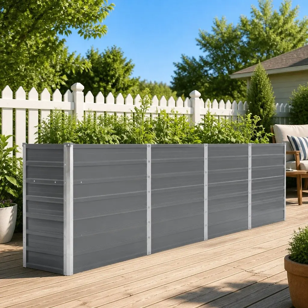 Galvanised Steel Raised Planter Grey Rectangular Garden Bed 320x40x77cm for Plants Vegetables Herbs and Flowers