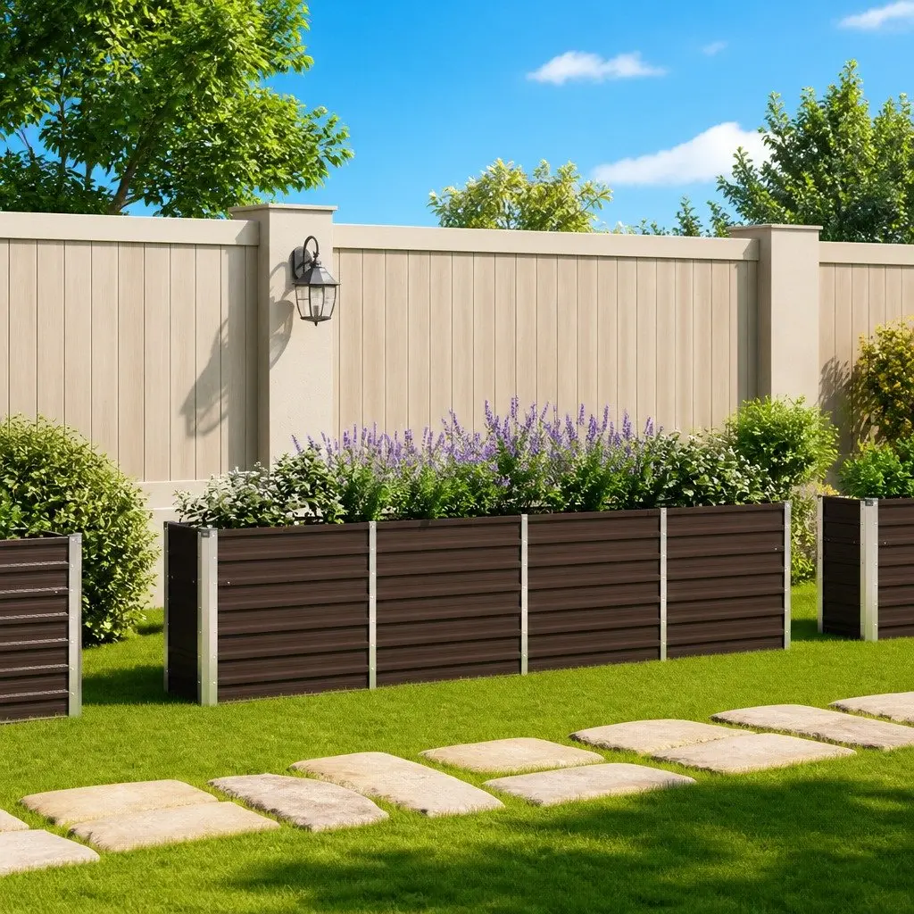 Galvanised Steel Raised Planter Rectangular 320x40x77cm Brown for Vegetables Herbs and Flowers