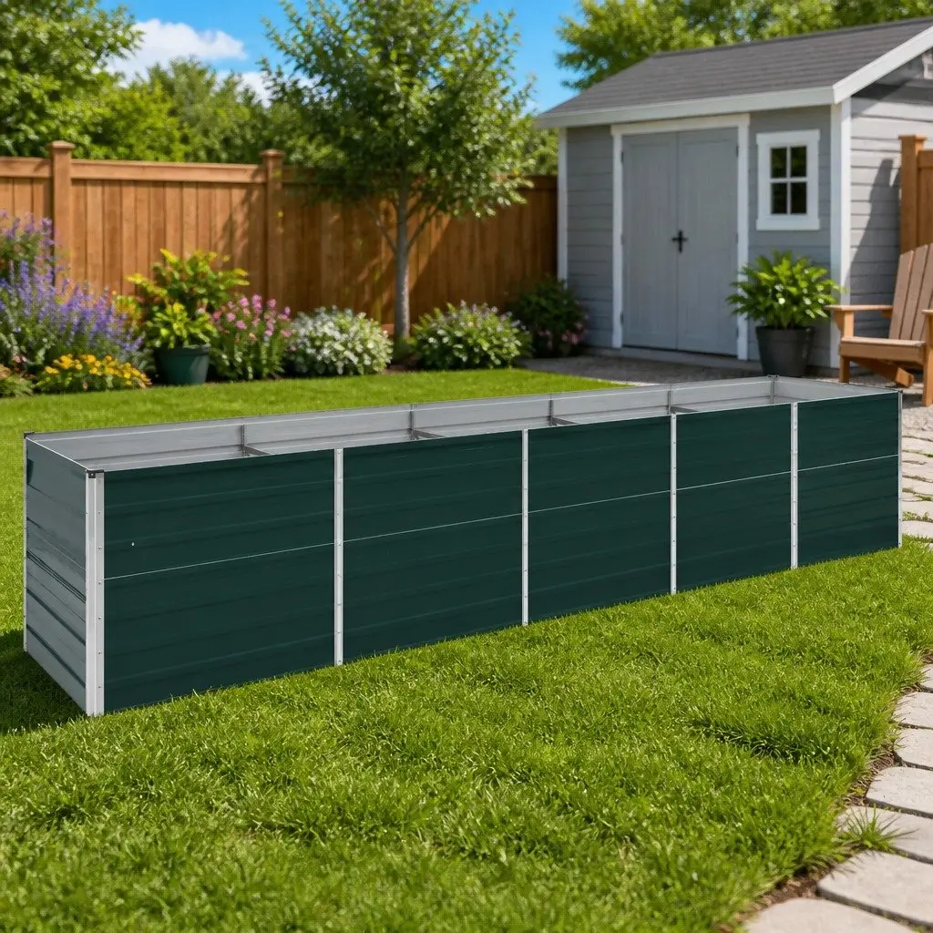 Galvanised Steel Raised Planter Box Outdoor 400x80x45cm Green for Flowers Vegetables Herbs