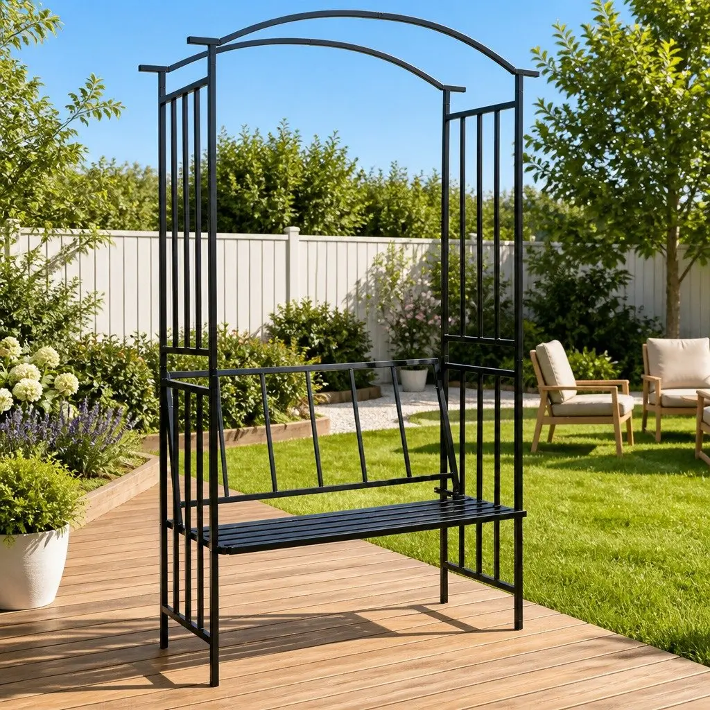 Garden Arch Iron Black with Bench 128 x 50 x 207 cm Outdoor Arbour for Climbing Plants