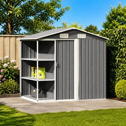 Garden Shed with Rack Grey Outdoor Storage House Galvanised Iron Tool Equipment