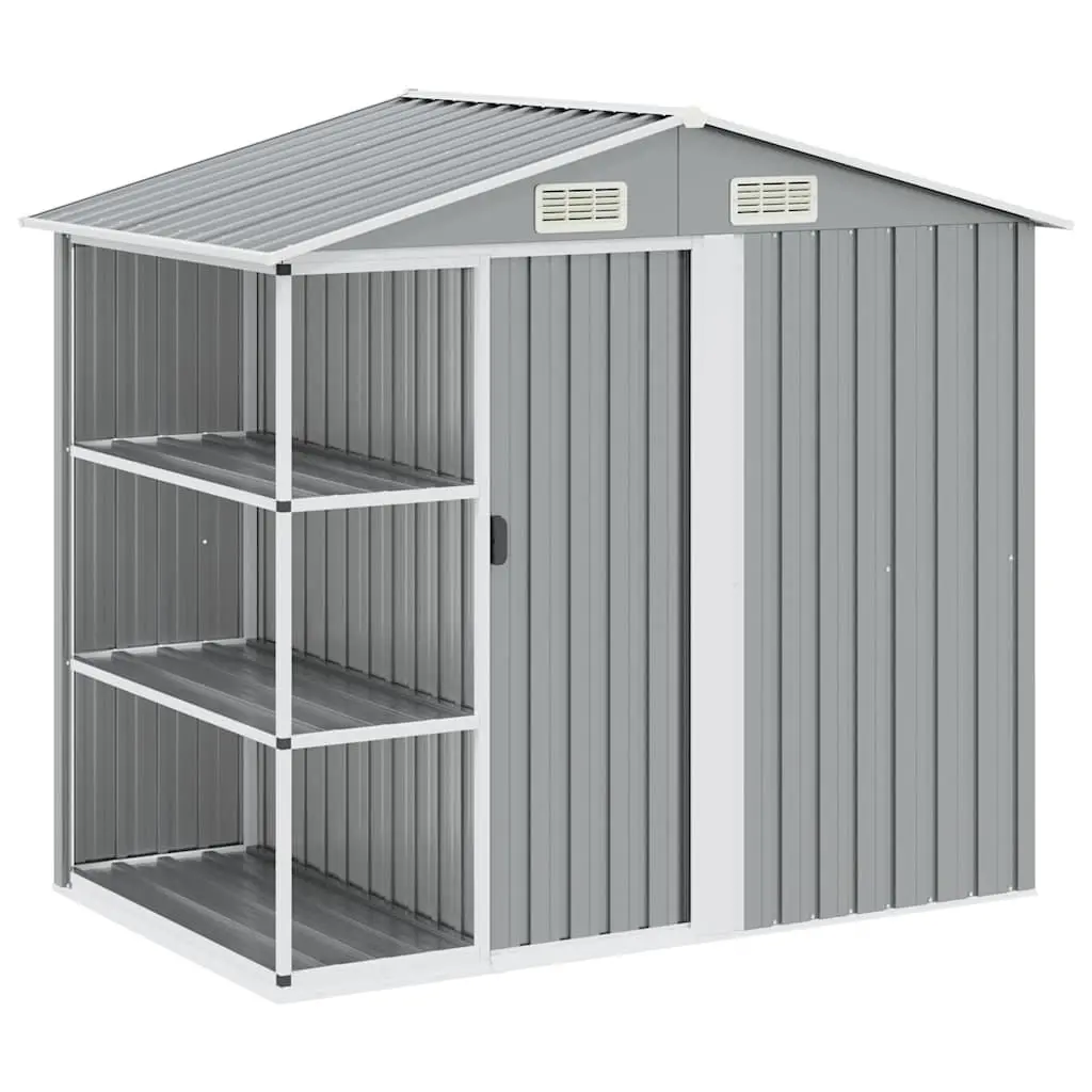 Garden Shed Galvanised Iron 205 x 130 x 183 cm Grey Outdoor Storage House with Rack
