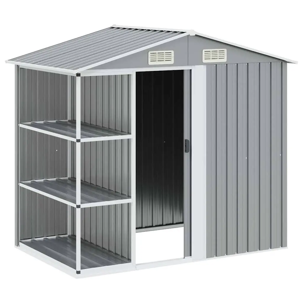 Garden Shed Galvanised Iron 205 x 130 x 183 cm Grey Outdoor Storage House with Rack