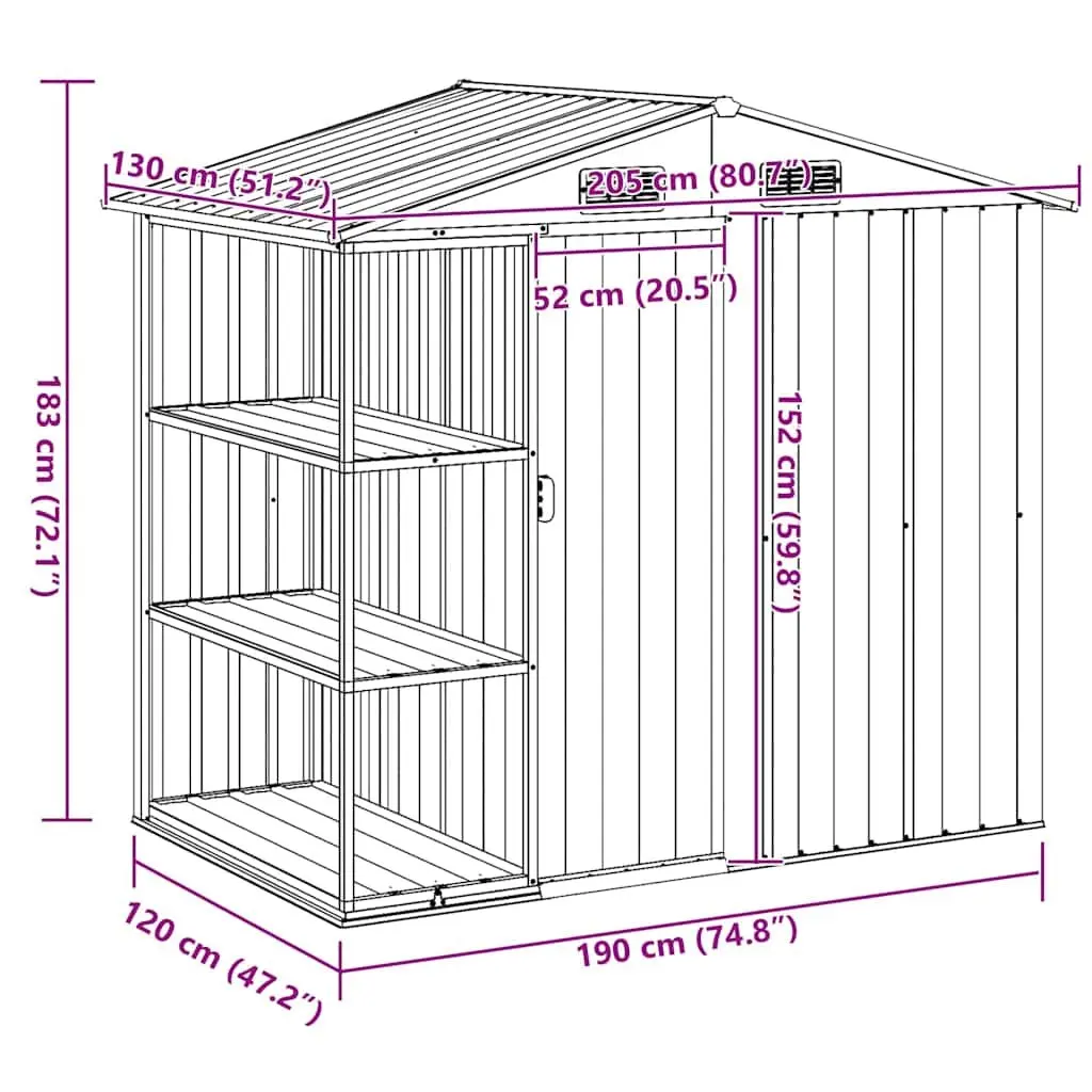 Garden Shed Galvanised Iron 205 x 130 x 183 cm Grey Outdoor Storage House with Rack