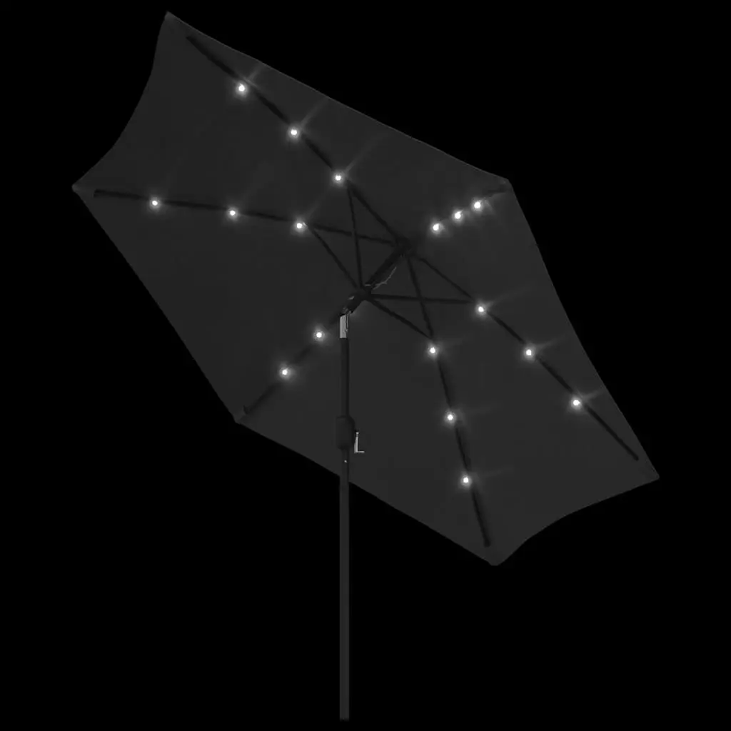 Garden Parasol 300cm Polyester Black Outdoor Umbrella with Solar LED Lights Tilting Steel Pole