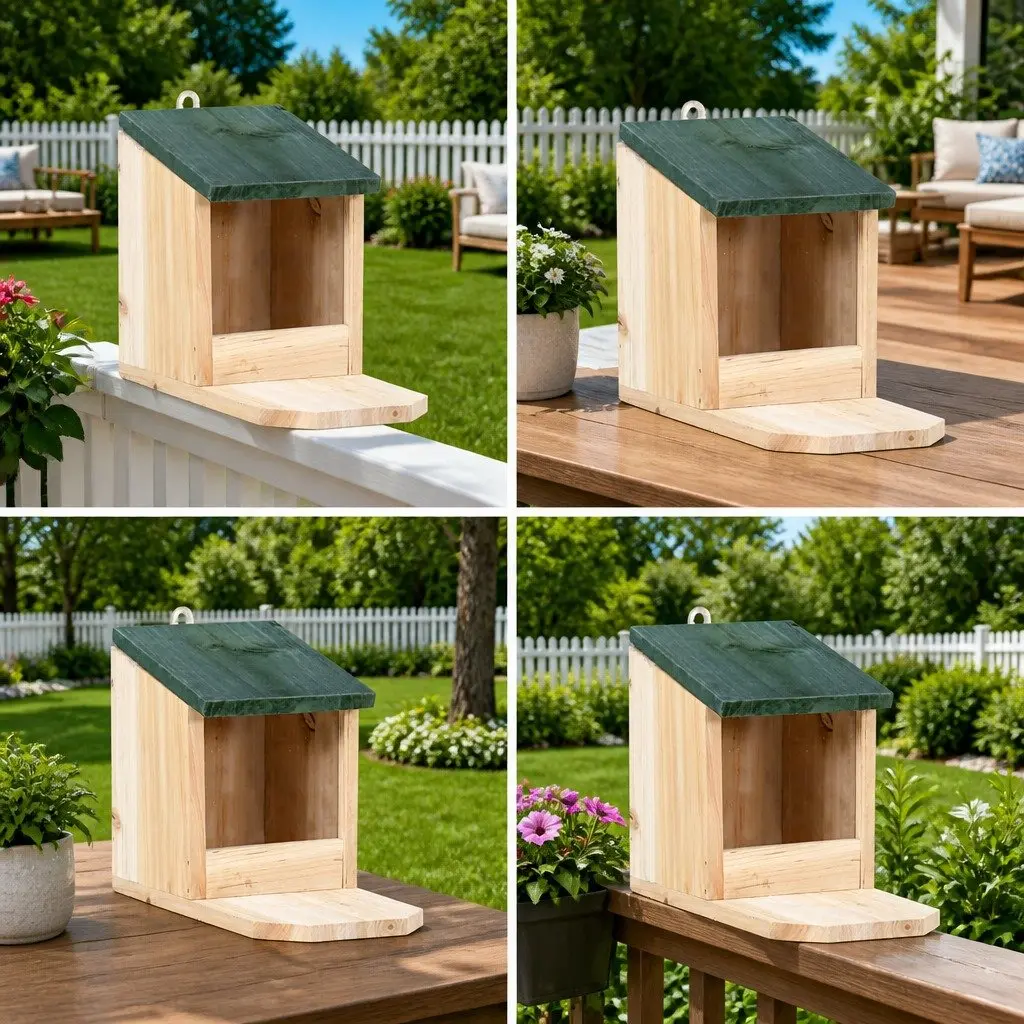 Wooden Squirrel House Firwood 4 Piece Beige Outdoor Feeding Station Hinged Roof