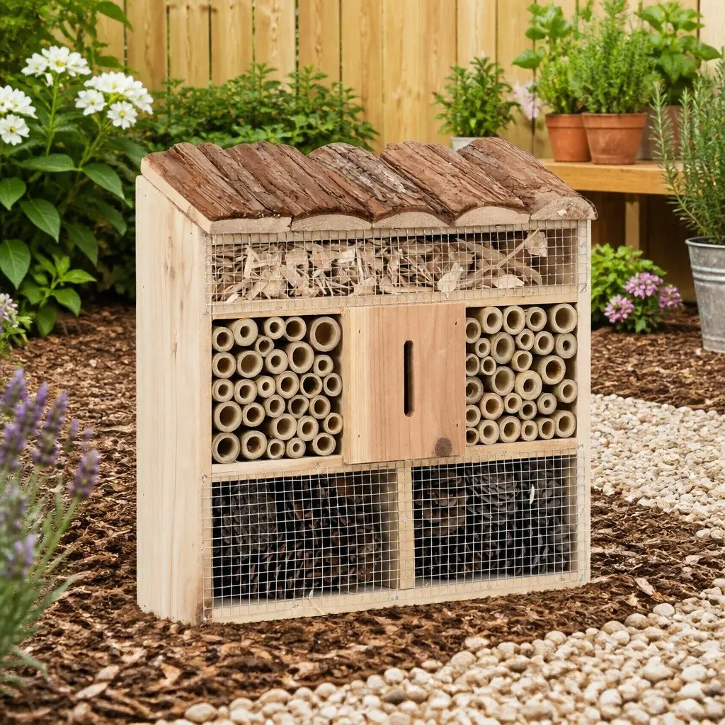 Insect Hotel Wooden Butterfly House Garden Wildlife Shelter Firwood Brown 30x10x30cm