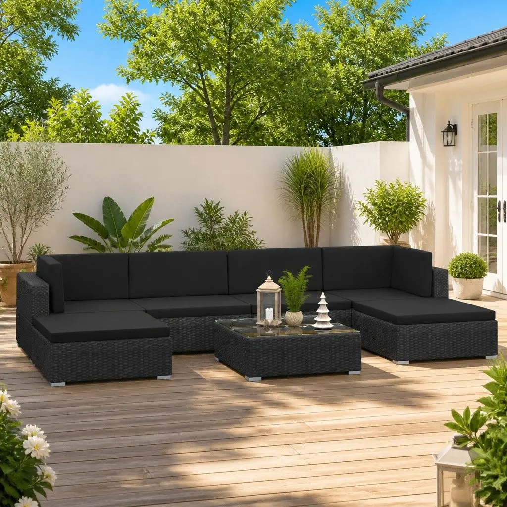 Garden Lounge Set Poly Rattan 7 Piece Black Sofa Patio Furniture with Cushions
