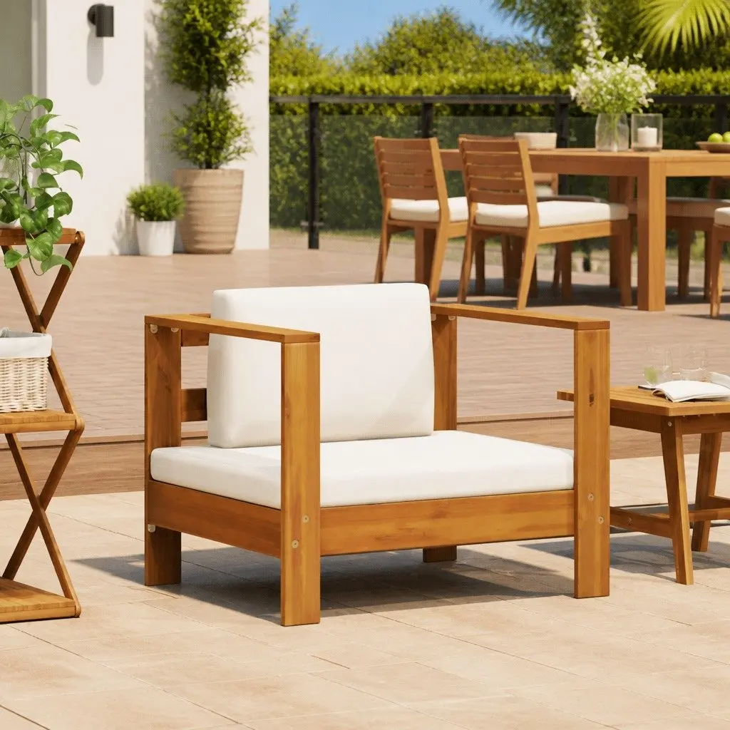 Outdoor Garden Sofa Chair Solid Acacia Wood Brown Padded Cushion