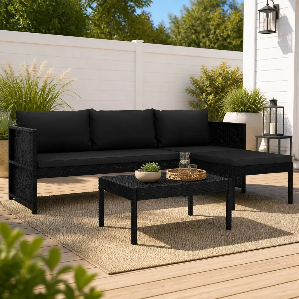 Outdoor Lounge Set PE Rattan 3 Piece Patio Sofa Black