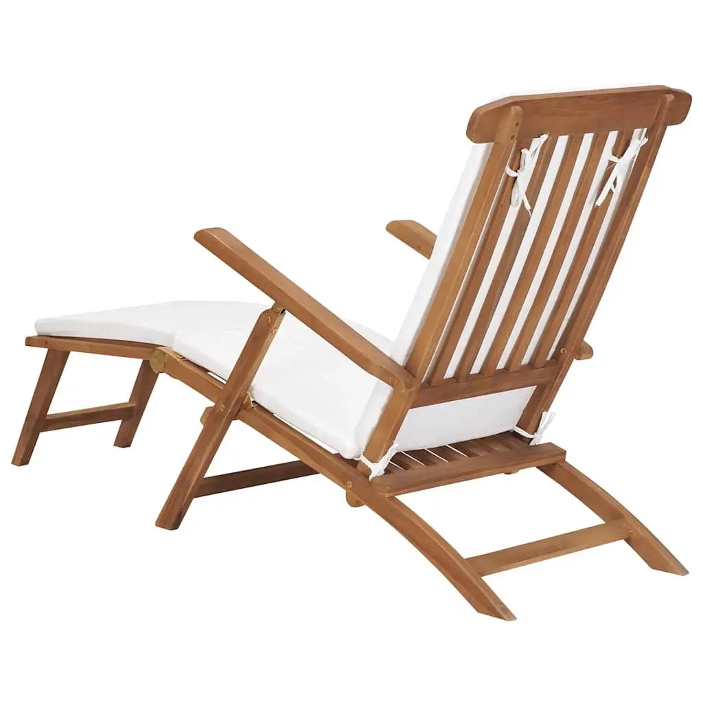 Sun Lounger Deck Chair Teak Wood Cream Reclining Backrest Outdoor