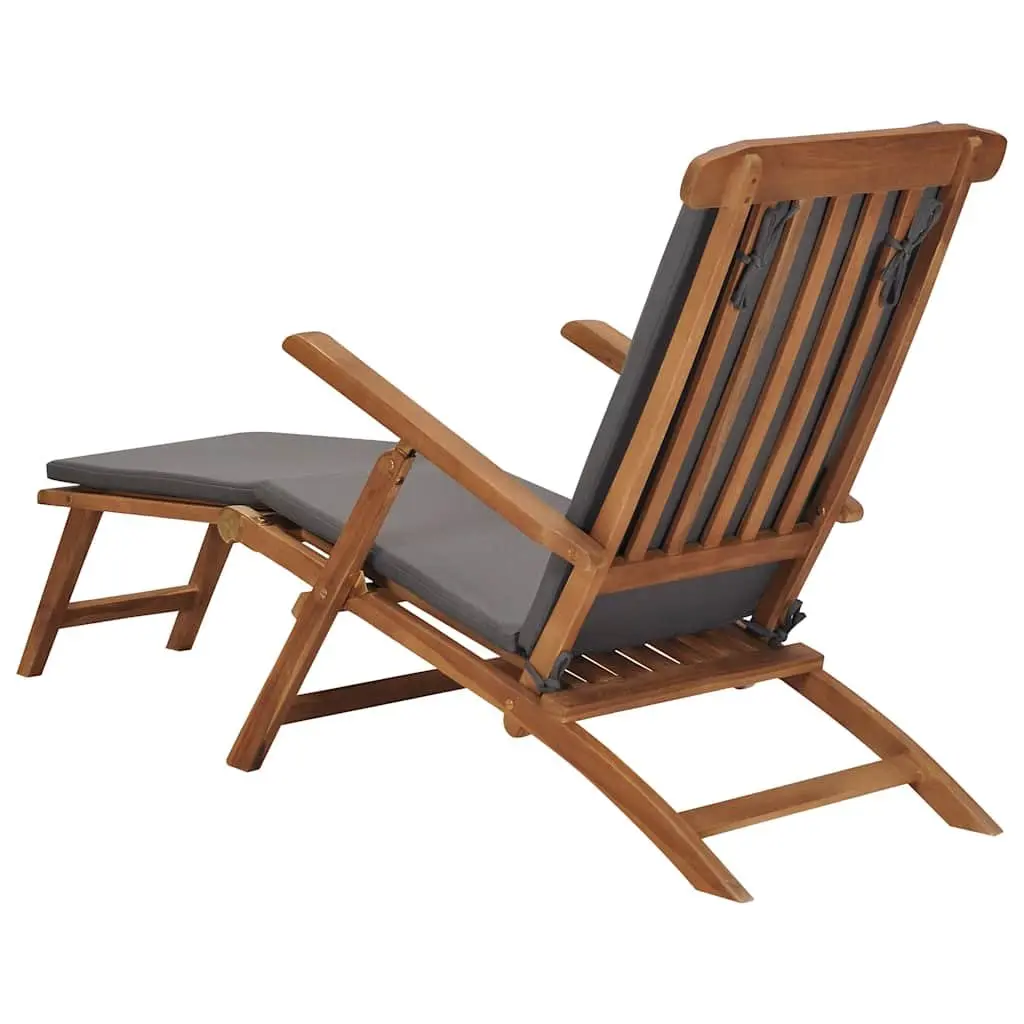 Outdoor Deck Chair Grey Teak Hardwood Reclining Backrest with Detachable Footrest and Thick Cushion