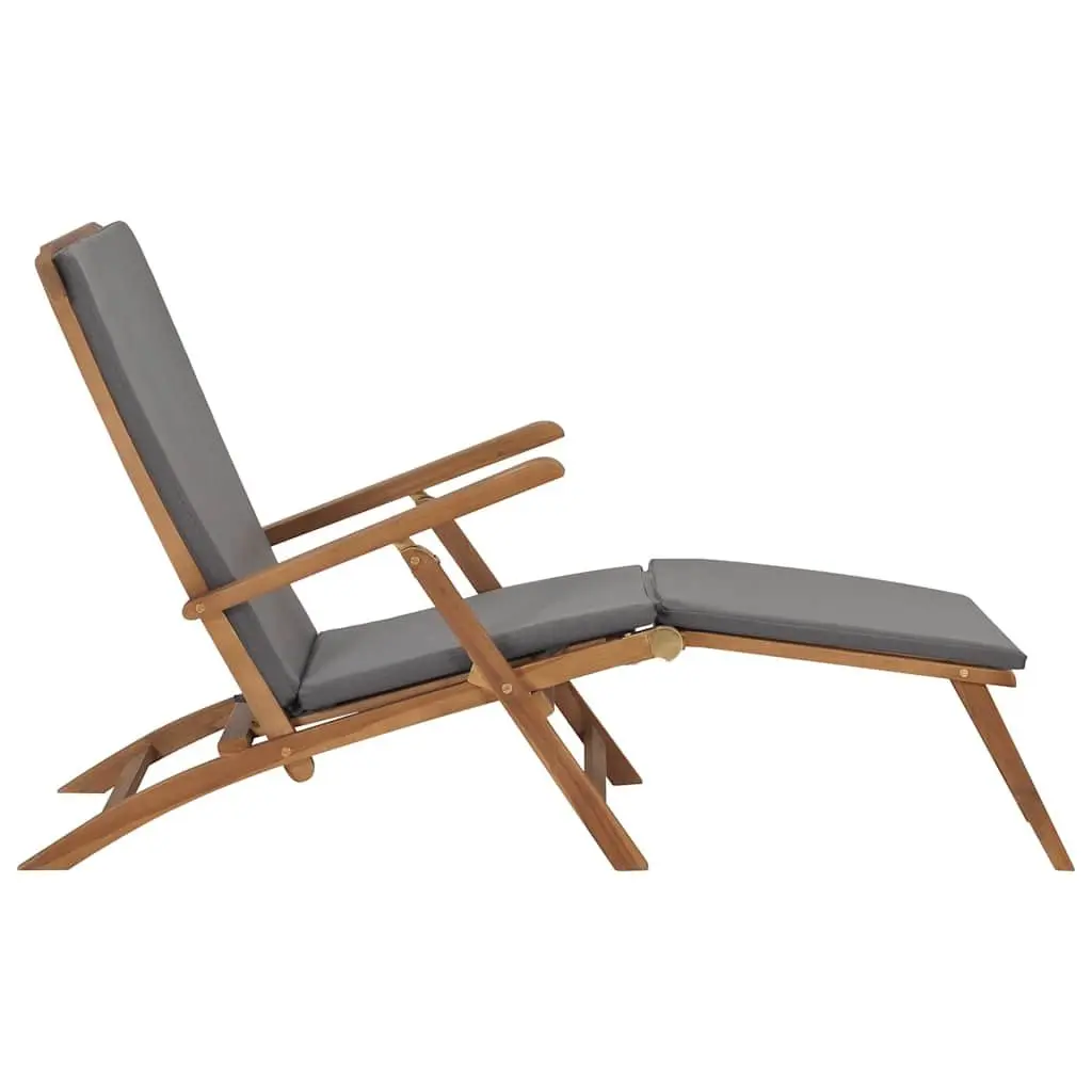 Outdoor Deck Chair Grey Teak Hardwood Reclining Backrest with Detachable Footrest and Thick Cushion
