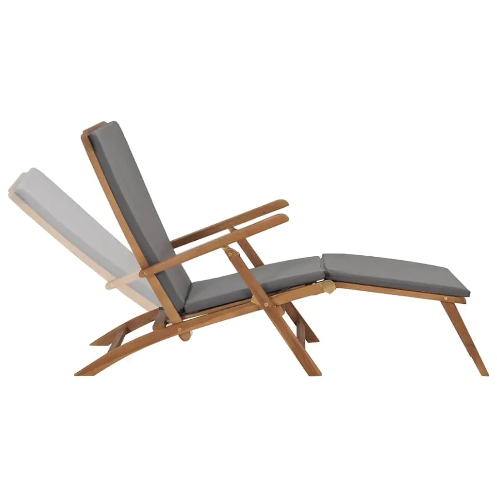 Outdoor Deck Chair Grey Teak Hardwood Reclining Backrest with Detachable Footrest and Thick Cushion