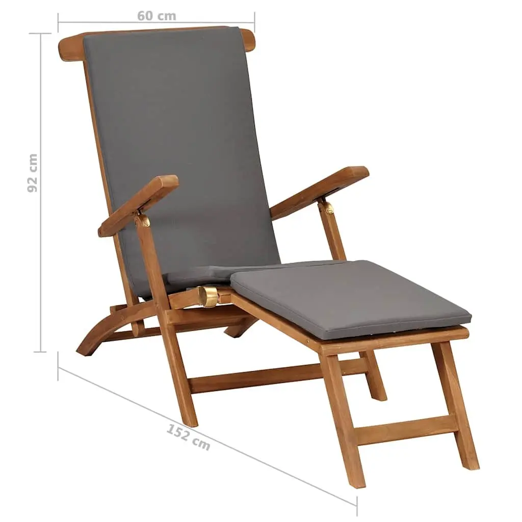 Outdoor Deck Chair Grey Teak Hardwood Reclining Backrest with Detachable Footrest and Thick Cushion