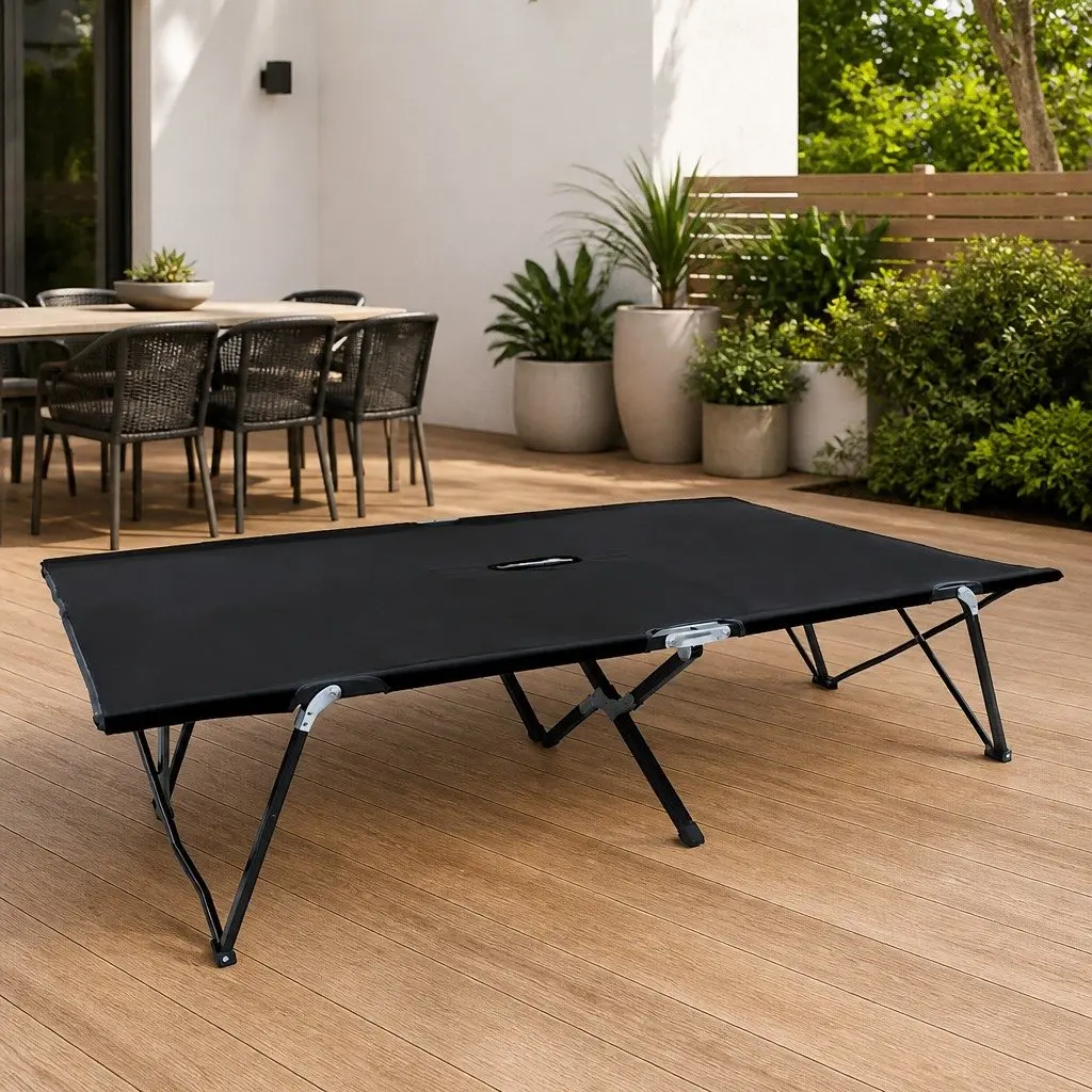 Two Person Folding Camping Cot Outdoor Lounger Black Steel Frame