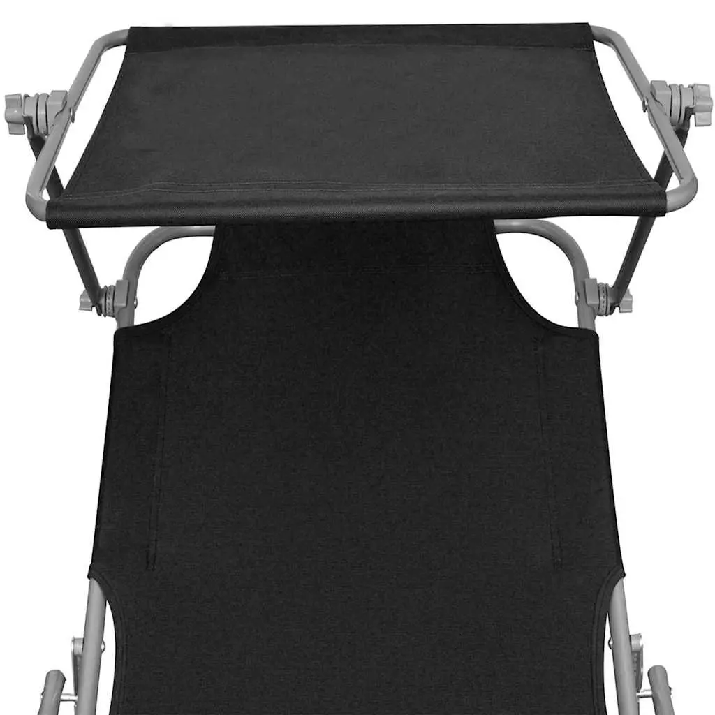 Sun Lounger with Canopy Folding Outdoor Seating Adjustable Backrest Black