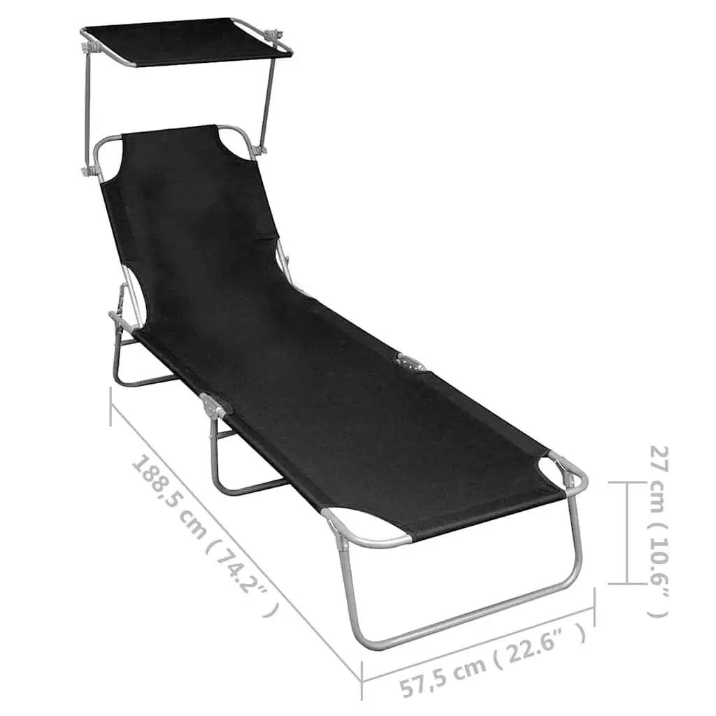Sun Lounger with Canopy Folding Outdoor Seating Adjustable Backrest Black