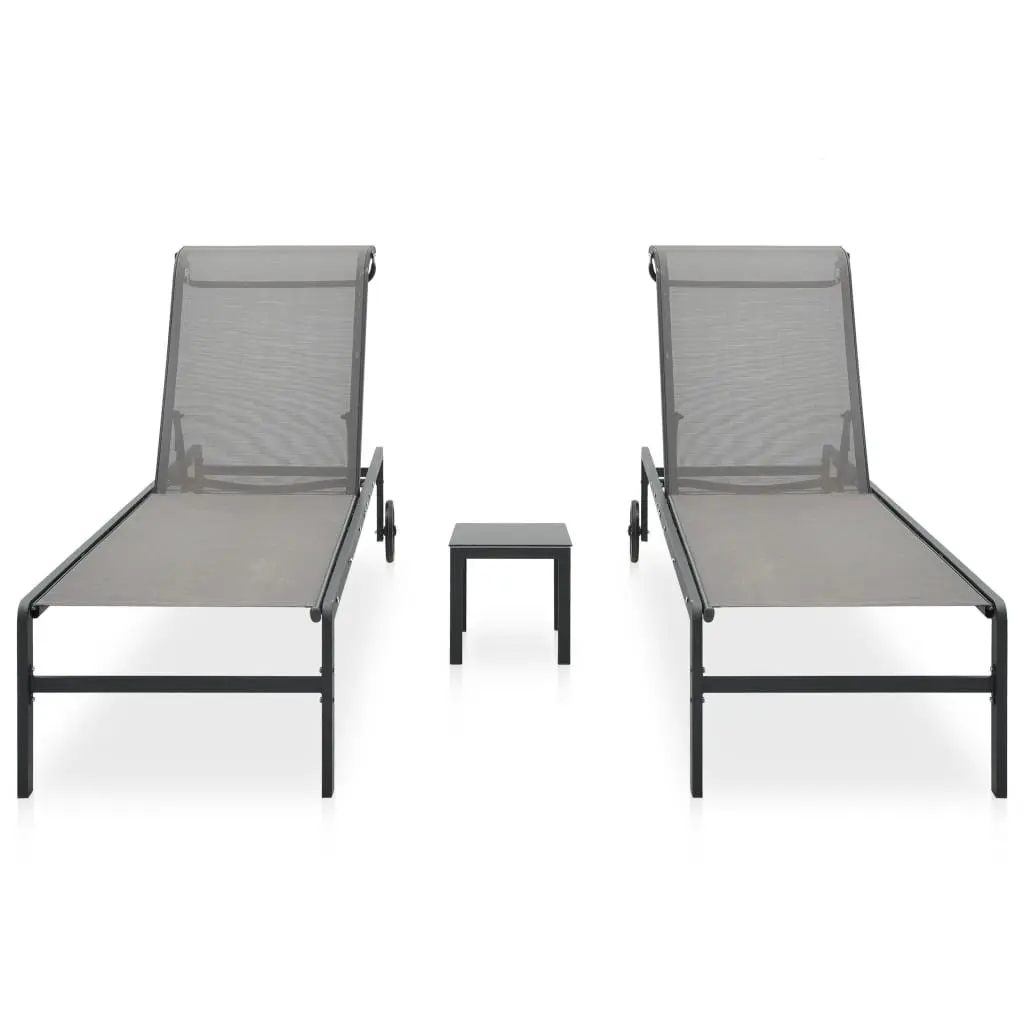 Sun Loungers Set Textilene Steel 2 Piece Grey Outdoor Garden Patio Lounger with Table