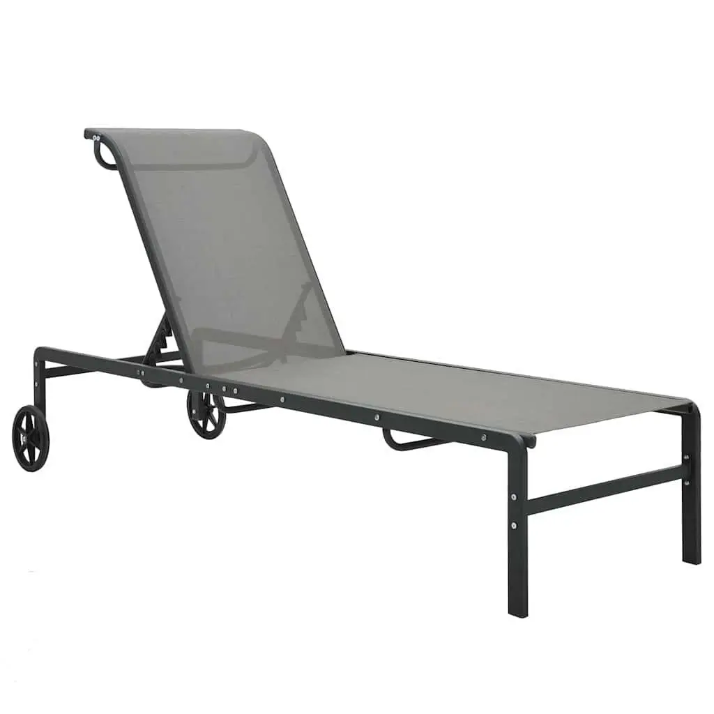 Sun Loungers Set Textilene Steel 2 Piece Grey Outdoor Garden Patio Lounger with Table