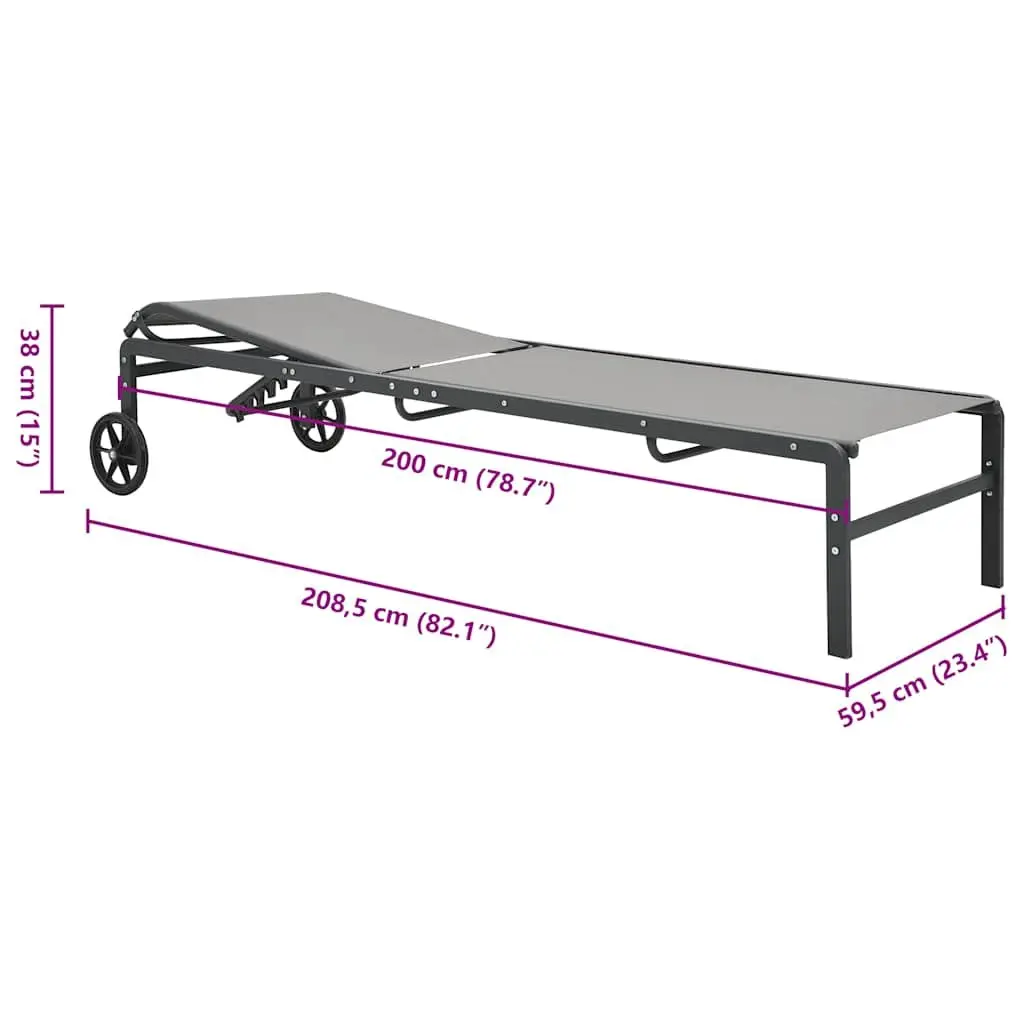 Sun Loungers Set Textilene Steel 2 Piece Grey Outdoor Garden Patio Lounger with Table