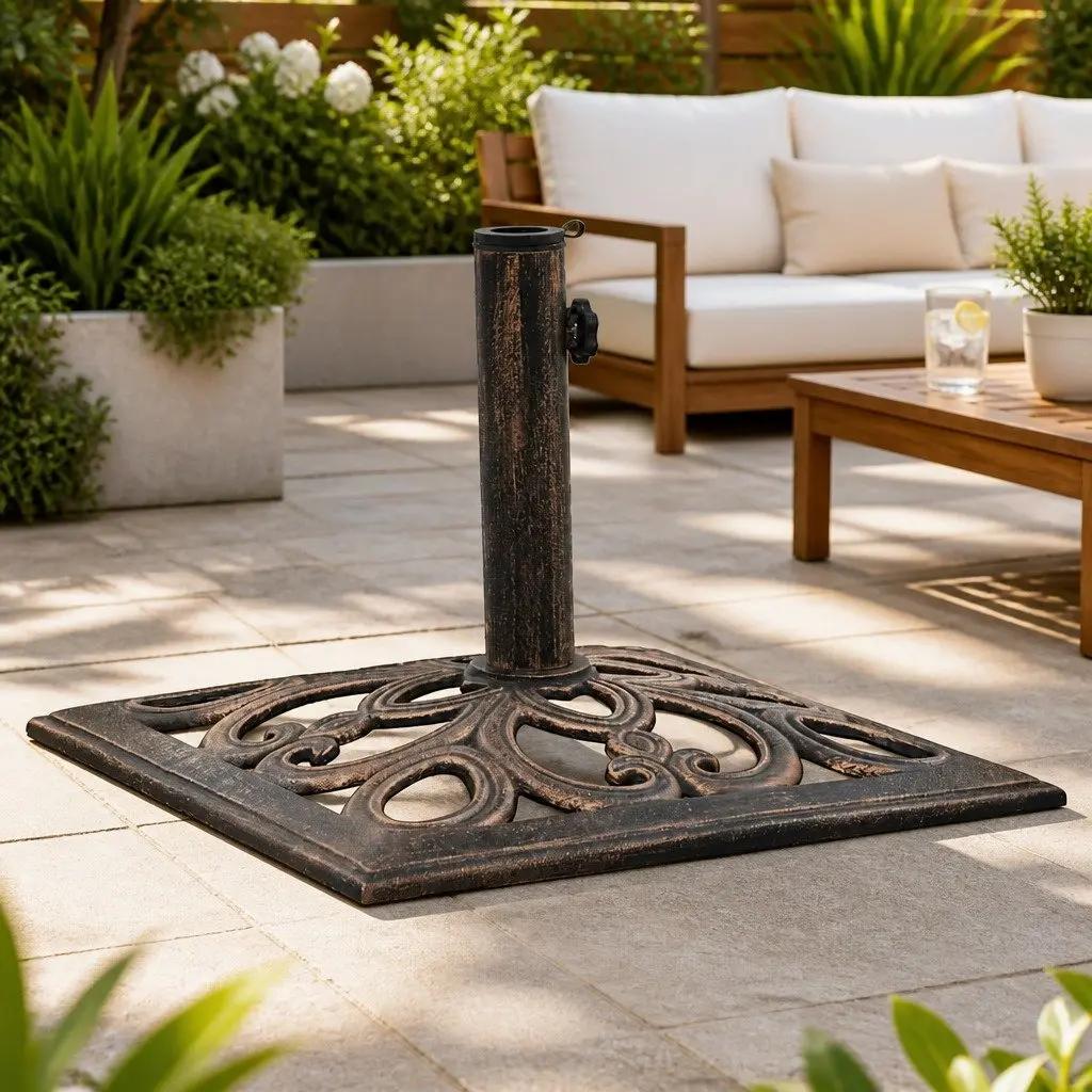 Cast Iron Umbrella Base Brown Outdoor Stand 49cm Support for Garden and Patio