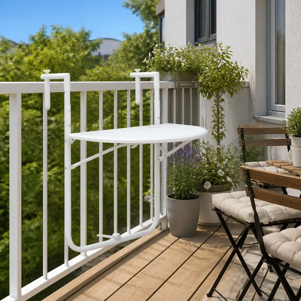 Hanging Balcony Table Plastic Top Steel Frame Height Adjustable Foldable White