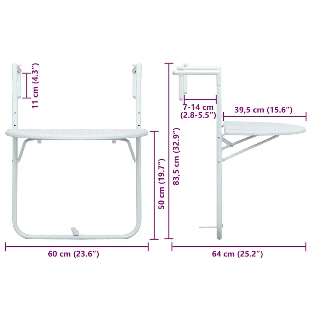 Hanging Balcony Table Plastic Top Steel Frame Height Adjustable Foldable White