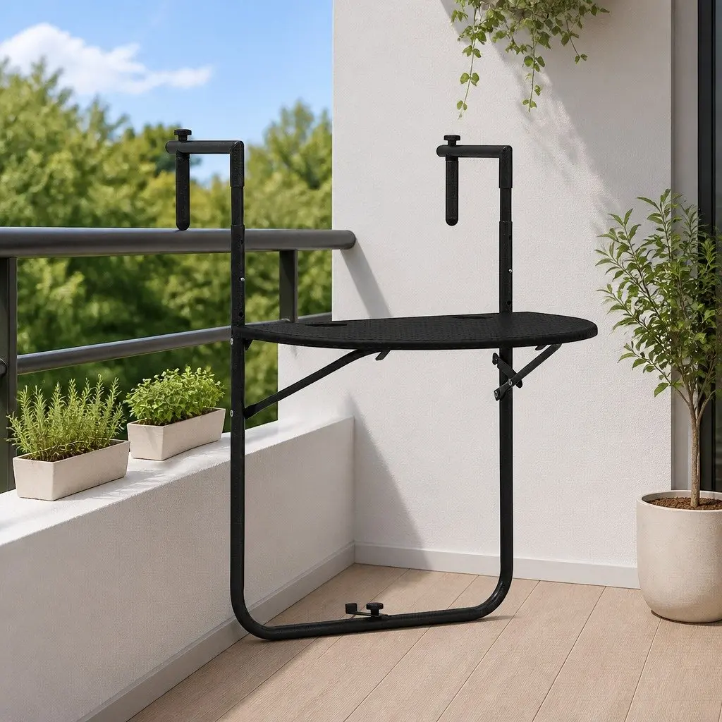 Hanging Balcony Table Plastic Foldable Adjustable Height Black