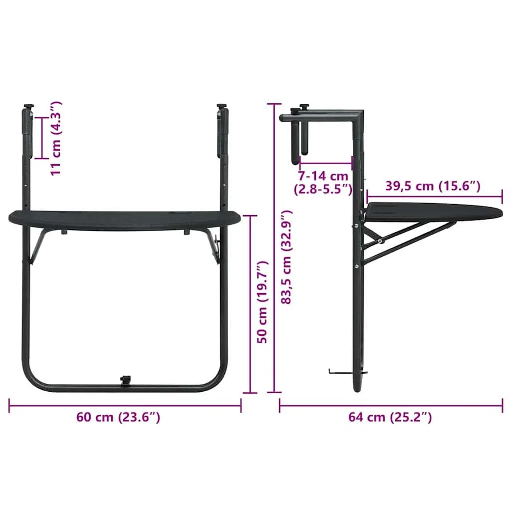 Hanging Balcony Table Plastic Foldable Adjustable Height Black